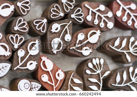 carved wooden stamps of various designs of henna for body decoration and clothing, Russia