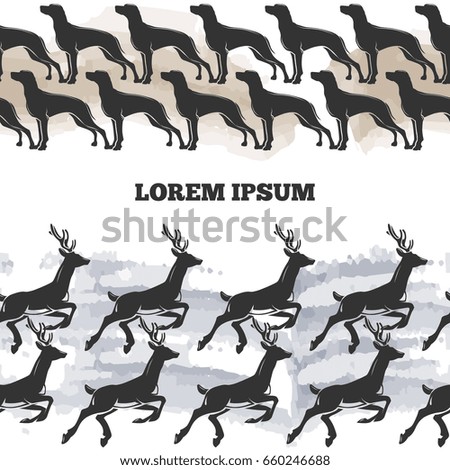 Seamless pattern with dogs and deers and watercolor details. Vector illustration