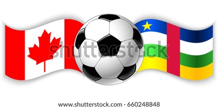 Canadian and Central African wavy flags with football ball. Canada combined with Central African Republic isolated on white. Football match or international sport competition concept.