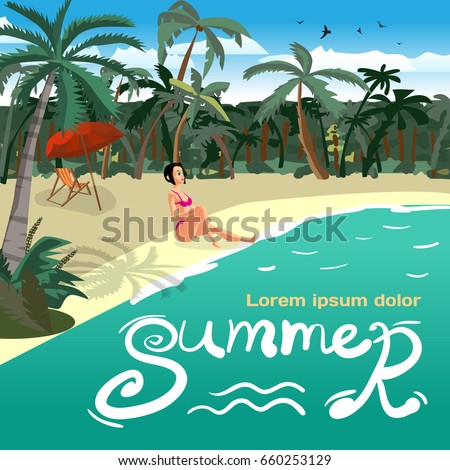 Summer vacation concept background with space for text. Sea landscape summer tropical private beach. Young woman in bikini sunbathing siting on sand. Vector flat cartoon illustration