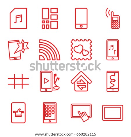 Smart icons set. set of 16 smart outline icons such as poker on phone, finger on tablet, photo with heart, phone, tablet, memory card with music, grid, home connection