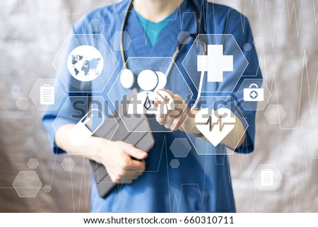Doctor pushing button medical virtual healthcare network web icon