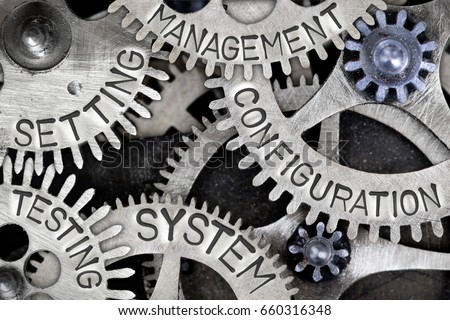 Macro photo of tooth wheel mechanism with CONFIGURATION, SYSTEM, MANAGEMENT, SETTING and TESTING concept letters Royalty-Free Stock Photo #660316348