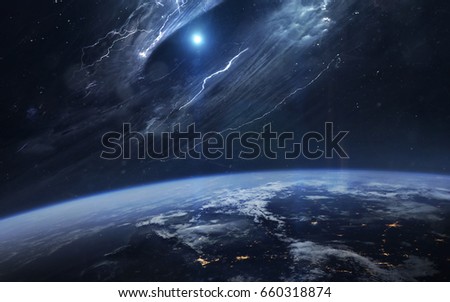 Wormhole. Science fiction space wallpaper, incredibly beautiful planets, galaxies, dark and cold beauty of endless universe. Elements of this image furnished by NASA Royalty-Free Stock Photo #660318874