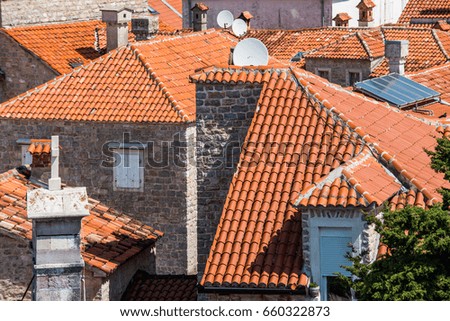 Montenegro.Budva. City landscape. Red roof tiles.