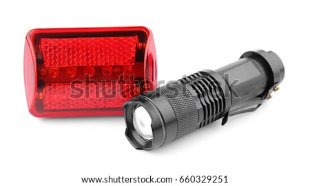 Safety lights for bicycle on white background