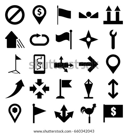 Direction icons set. set of 25 direction filled icons such as weather vane, flag, cargo arrow up, location, prohibited, reload replay, arrow up, map location, arrow, wrench
