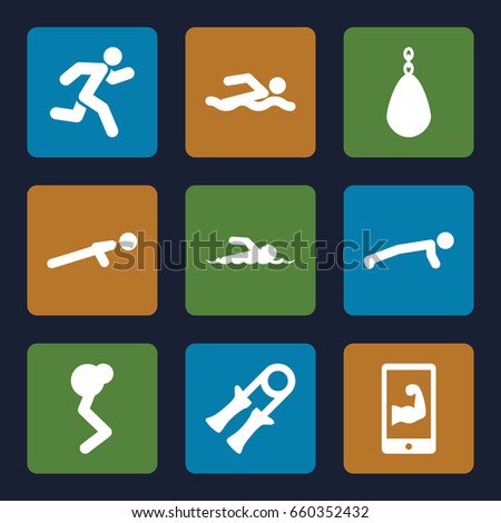 Athlete icons set. set of 9 athlete filled icons such as push up, running, muscular arm  on phone, swimmer, sport expander, man doing exercises, swimming man