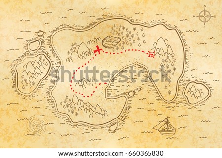 Ancient pirate map on old textured paper with red path to treasure Royalty-Free Stock Photo #660365830