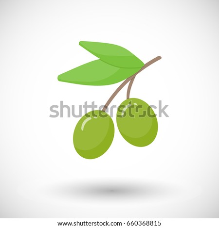 Olive branch vector flat icon, Flat design of food, health care or Mediterranean cuisine object with round shadow, plastic water bottle illustration