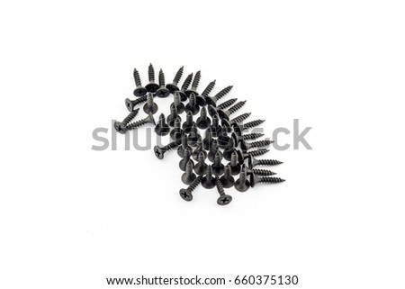 Hedgehog laid out with black Oxidized self-tapping screw isolated on white background