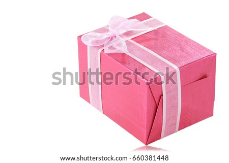Gift box red color packing with ribbon pink color isolated on white background. This has clipping path.