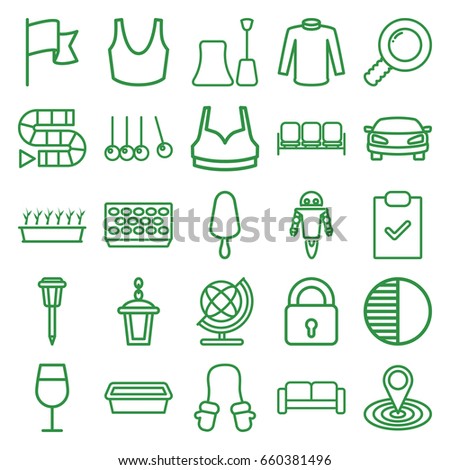 Collection icons set. set of 25 collection outline icons such as sofa, lock, baby mitten, globe, nail polish, cocktail, sport bra, sweater, map location, ice cream on stick