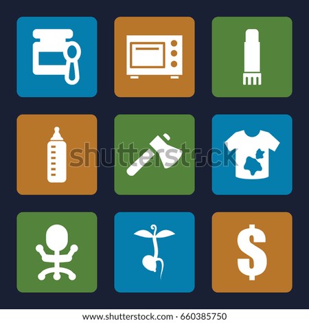 Nobody icons set. set of 9 nobody filled icons such as baby bottle, baby food, dirty laundry, dollar, axe, sprout, glue pen, microwave