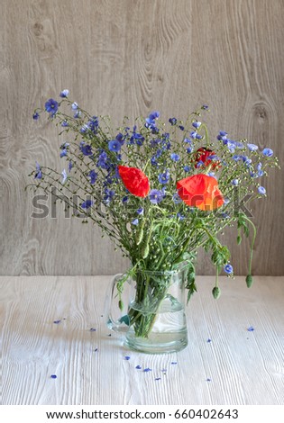 Still life with wildflowers and poppy in vase on wooden background