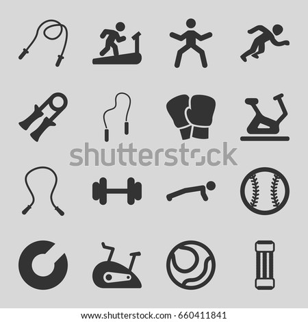 Exercise icons set. set of 16 exercise filled icons such as exercise bike, barbell, skipping rope, running, baseball, expander sport, sport expander, boxing gloves, volleyball