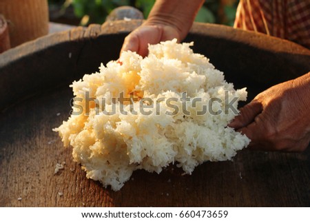 Sticky rice on wooden tray concreate background , Thailand ,Asia