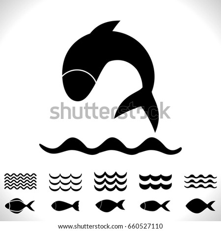 Set of Fish and Waves Vector Icon Isolated. Black Seafood Logo Collection. Simple Aquatic Animal Silhouette. Fishing Symbol or Black and White Pictogram