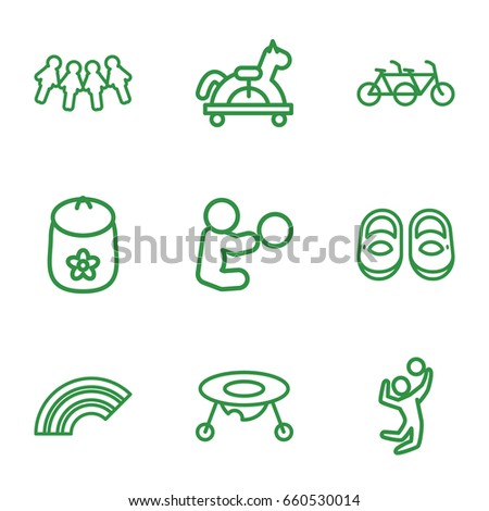 Children icons set. set of 9 children outline icons such as baby toy, baby shoes, volleyball player, rainbow, toy horse, baby playing with toy, children