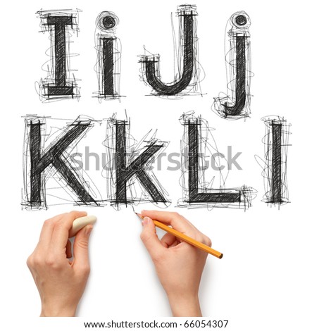 sketch letters and numbers with hand and pencil with clipping path