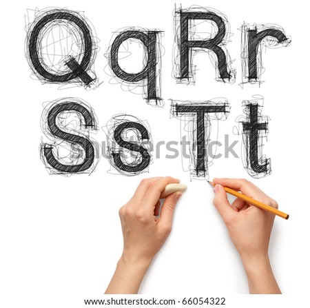 sketch letters and numbers with hand and pencil with clipping path