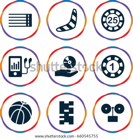 Play icons set. set of 9 play filled icons such as boomerang, 1 casino chip, 25 casino chip, mp3 player, guitar strings, cd on hand, domino, gramophone