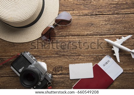 Outfit of traveler on green background with copy space, Travel concept