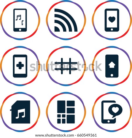 Smart icons set. set of 9 smart filled icons such as heart mobile, phone with heart, mobile phone music, memory card with music, grid, home on phone display