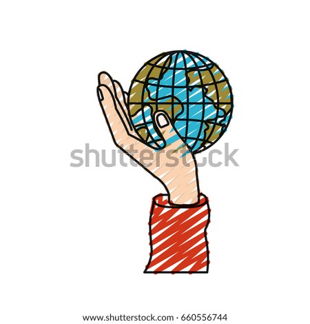 color crayon silhouette hand holding in palm a earth globe world charity symbol vector illustration