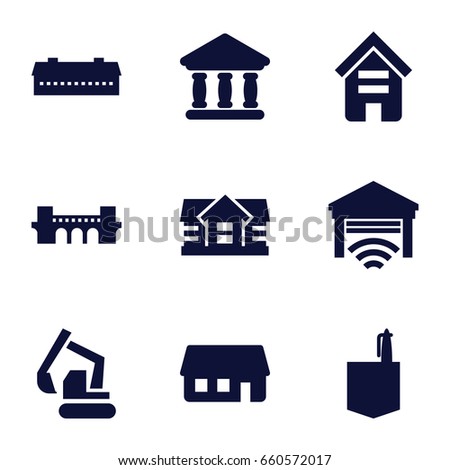 Building icons set. set of 9 building filled icons such as barn, house, bridge, office room, excavator, bank