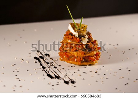 Gourmet cuban tostones with tomato tartare