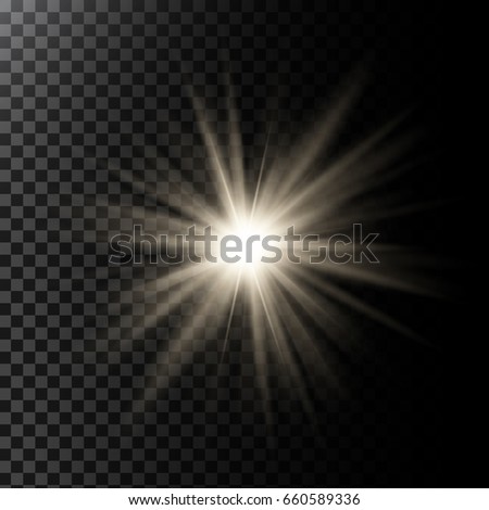 Vector illustration of a glowing light effect with rays and lens flares isolated on a dark translucent background