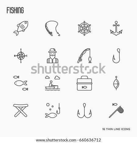 Fishing related thin line icons: fisherman, hooks, boat, rod. Vector illustration.