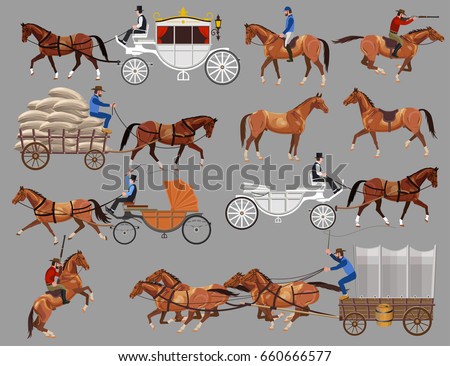 Set of vector illustration with horses and horse-drawn vehicles.