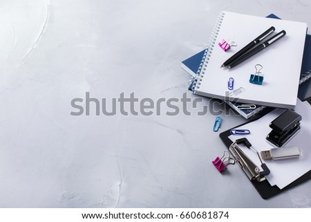 Back to school, business office education concept. Assortment of supplies, crayons, pens, notebook. Copy space background, top view flat lay overhead