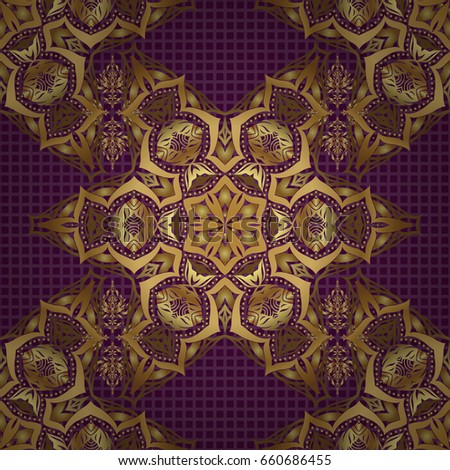 Luxury floral frames and ornate decor. Vector golden elements for vignettes and borders or design template. Seamless pattern in Victorian style on a purple background.