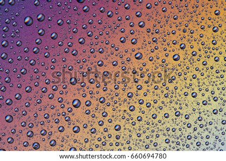 Background of water drops on colorful surface.