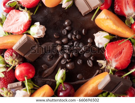 Fruit chocolate cake close up. Food ingredients. Desserts