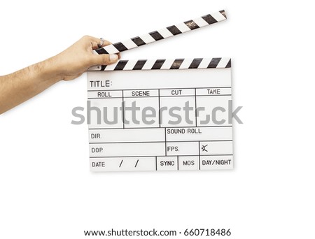 White Clapperboard. Movie production sign hold by male hands.isolated on white