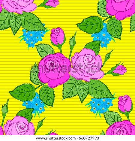Vector illustration. Seamless floral pattern with stylized rose flowers and green leaves on a yellow background.