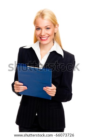 Blond businesswoman with blue folder isolated on white