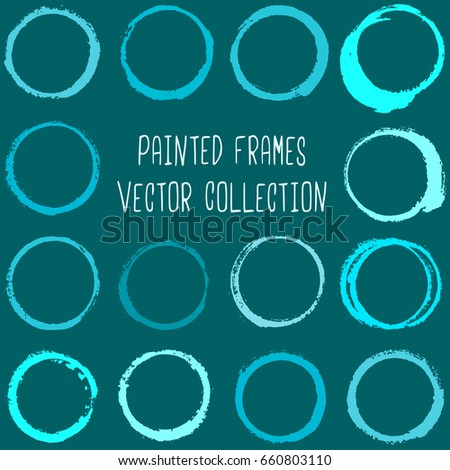 Hand painted ink frames set, turquoise vector watercolor borders. Sea green paint brush strokes collection, blue aquamarine graphic design elements. Decorative graffiti logo splashes, colorful stains.