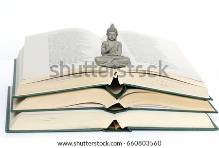 Wisdom, philosophy and religion concept.  Buddha on a pyramid of three open books on a white background. 