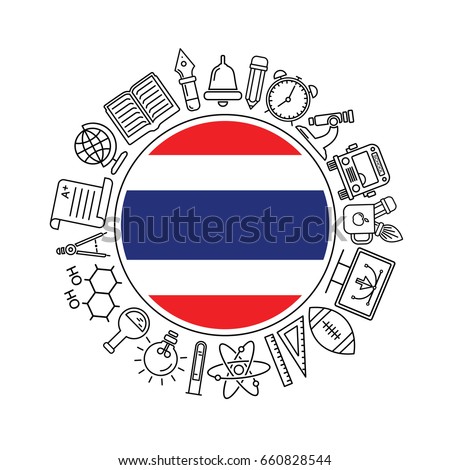 Vector  Thailand school background, with black linear icons on white. Education pattern with modern line style icons and Thailand flag.