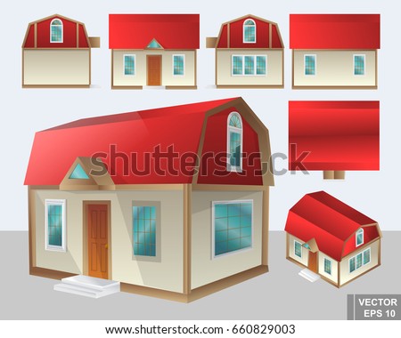 Set of a barn style house shown in 7 different angles. Cartoon style, flat and isometric design, isolated on white background.