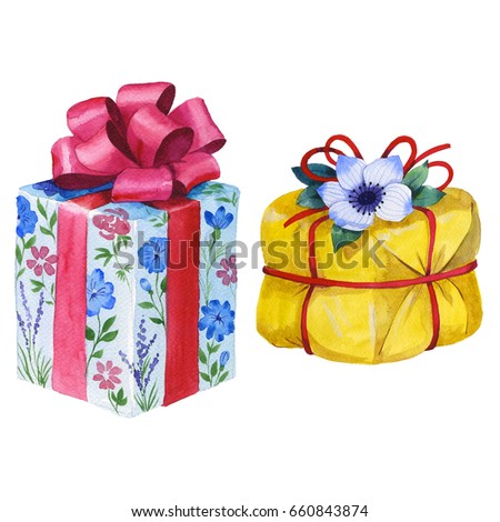 Watercolor birthday gift box illustration. Wrapped gift boxes with a ribbon. Birthday party design elements set isolated on white background. Colorful festive clip art.