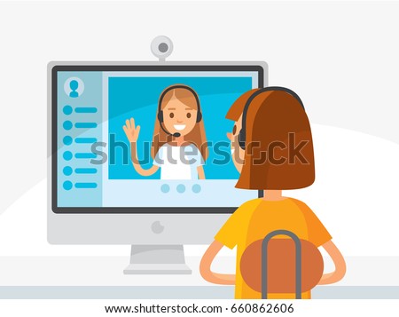Young woman sitting at, in front of  notebook, talking chatting over video chat  app . Video chat between two girls. Girl video calling, conversation, using messenger, video conference.