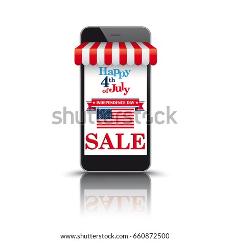 Black smartphone with red white awning for the Independence Day Sale. Eps 10 vector file. 