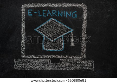 E-learning education icon drawn with chalk on blackboard