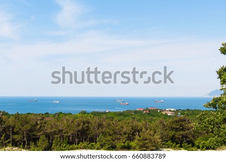 Seascape south Russia Ships in bay scenic view Black Sea.